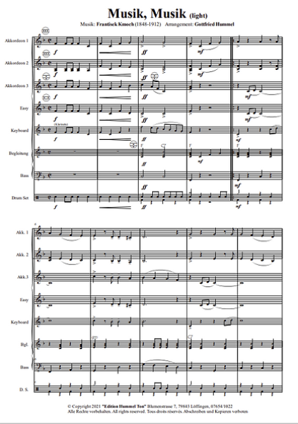 Musik, Musik, Frantisek Kmoch, Gottfried Hummel, Akkordeonorchester, Marsch, Marschmusik, Evergreen, leicht-mittelschwer, Akkordeon Noten
