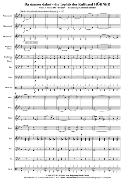 Da simmer dabei - die Tophits der Höhner, Gottfried Hummel, Akkordeonorchester, Medley, Potpourri, Kulthits, Kultband, Köln, Karneval, Hymne, mittelschwer, Akkordeon Noten
