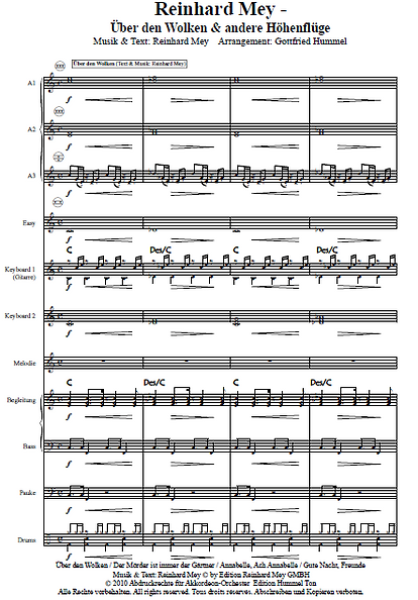 Reinhard Mey - Über den Wolken und andere Höhenflüge, Reinhard Mey, Gottfried Hummel, Akkordeonorchester, Medley, Potpourri, Tophits, Ohrwurm, mittelschwer, Akkordeon Noten