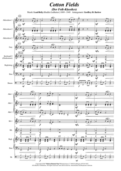 Cotton Fields, Lead Belly (Huddie Ledbetter), Geoffrey D. Barlow, Akkordeonorchester, Folk-Klassiker, leicht-mittelschwer, Akkordeon Noten