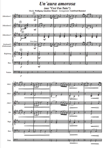Un' aura amorosa, Wolfgang Amadeus Mozart, ​Gottfried Hummel, Akkordeonorchester, Oper, Arie, Cosi Fan Tutte, Moments of Silence, mittelschwer, Akkordeon Noten