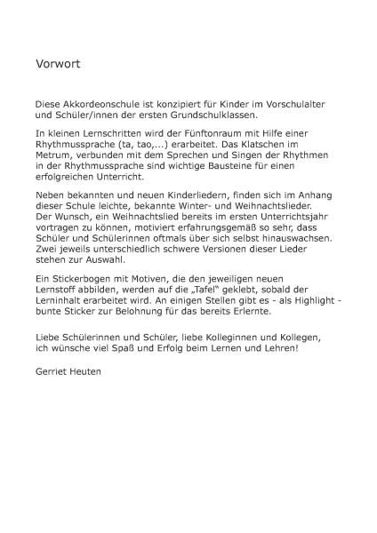 Akkordeonschule Band 1, Gerriet Heuten, Schulwerk für Akkordeon, Lehrwerk, sehr leicht, ​für Kinder, Vorschule, Grundschule, Akkordeonunterricht, Akkordeon spielen lernen, Akkordeon Noten, Vorwort