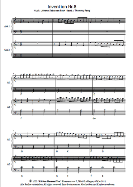 Zweistimmige Inventionen von Bach, Johann Sebastian Bach, Thommy Reeg, Akkordeon-Duo, Standardbass MII, Spielheft, Spielstücke, Klassiker, leicht-mittelschwer, Akkordeon Noten