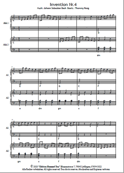 Zweistimmige Inventionen von Bach, Johann Sebastian Bach, Thommy Reeg, Akkordeon-Duo, Standardbass MII, Spielheft, Spielstücke, Klassiker, leicht-mittelschwer, Akkordeon Noten