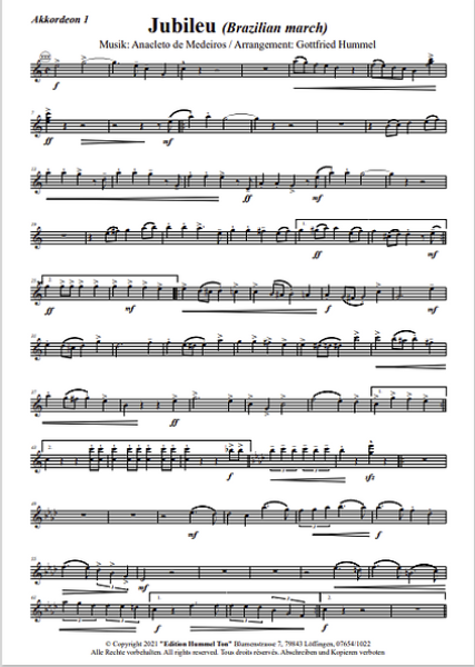 Jubileu, Anacleto de Medeiros, Gottfried Hummel, Akkordeonorchester, Marsch, Brazilian March, mittelschwer, Akkordeon Noten