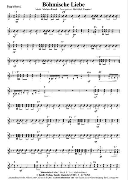 Böhmische Liebe, Mathias Rauch, Gottfried Hummel, Akkordeonorchester, Polka, mittelschwer, Akkordeon Noten