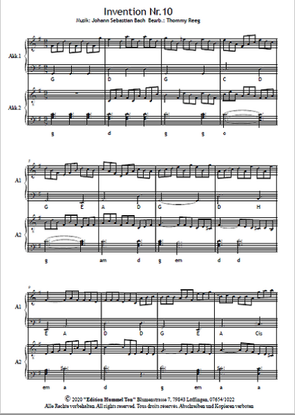 Zweistimmige Inventionen von Bach, Johann Sebastian Bach, Thommy Reeg, Akkordeon-Duo, Standardbass MII, Spielheft, Spielstücke, Klassiker, leicht-mittelschwer, Akkordeon Noten