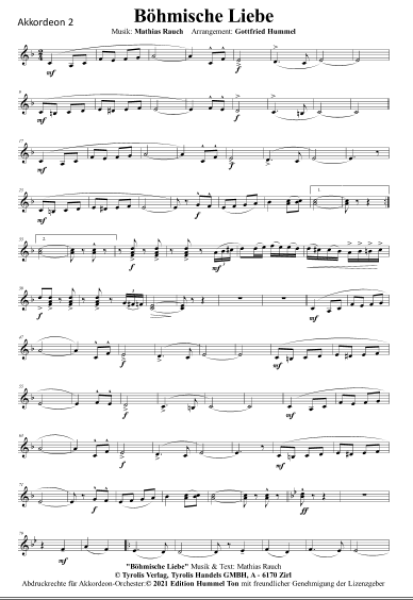 Böhmische Liebe, Mathias Rauch, Gottfried Hummel, Akkordeonorchester, Polka, mittelschwer, Akkordeon Noten