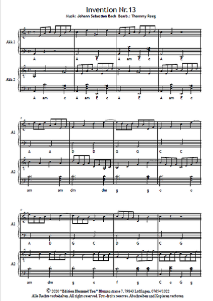 Zweistimmige Inventionen von Bach, Johann Sebastian Bach, Thommy Reeg, Akkordeon-Duo, Standardbass MII, Spielheft, Spielstücke, Klassiker, leicht-mittelschwer, Akkordeon Noten