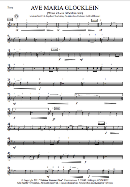 Ave Maria Glöcklein (Wenn ich ein Glöcklein wär) Franz Xaver Engelhart, Gottfried Hummel, Akkordeonorchester, Weihnachtslied, Weihnachts-Zauberwelt der Berge, mittelschwer, Akkordeon Noten