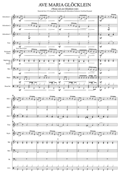 Ave Maria Glöcklein (Wenn ich ein Glöcklein wär) Franz Xaver Engelhart, Gottfried Hummel, Akkordeonorchester, Weihnachtslied, Weihnachts-Zauberwelt der Berge, mittelschwer, Akkordeon Noten