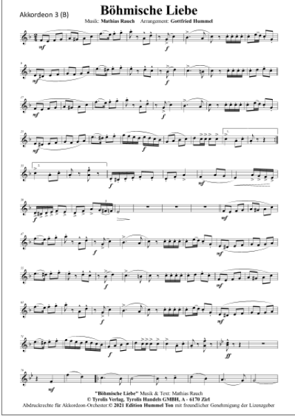 Böhmische Liebe, Mathias Rauch, Gottfried Hummel, Akkordeonorchester, Polka, mittelschwer, Akkordeon Noten