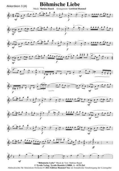 Böhmische Liebe, Mathias Rauch, Gottfried Hummel, Akkordeonorchester, Polka, mittelschwer, Akkordeon Noten