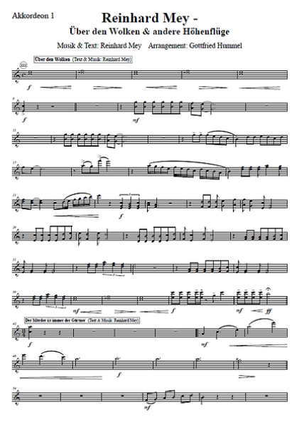 Reinhard Mey - Über den Wolken und andere Höhenflüge, Reinhard Mey, Gottfried Hummel, Akkordeonorchester, Medley, Potpourri, Tophits, Ohrwurm, mittelschwer, Akkordeon Noten