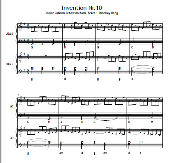 Zweistimmige Inventionen von Bach, Johann Sebastian Bach, Thommy Reeg, Akkordeon-Duo, Standardbass MII, Spielheft, Spielstücke, Klassiker, leicht-mittelschwer, Akkordeon Noten