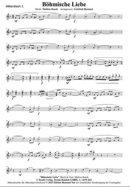 Böhmische Liebe, Mathias Rauch, Gottfried Hummel, Akkordeonorchester, Polka, mittelschwer, Akkordeon Noten