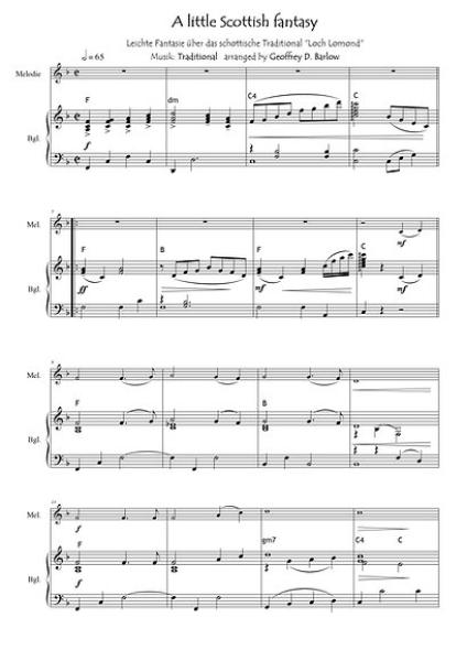 A Little Scottish Fantasy, Geoffrey D. Barlow, Kammermusik-Ausgabe, Melodieinstrument (in C, Bb, Es, C (Bass-Schlüssel)), Begleitstimme (Akkordeon oder Klavier), Loch Lomond, Schottland, Scottish Traditional, Variation, leicht, Kammermusik Noten, Beispiel
