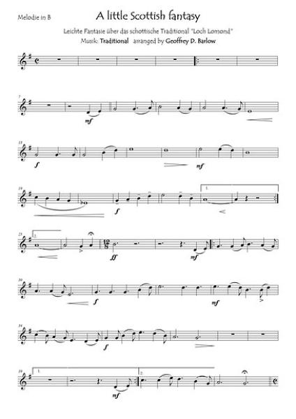 A Little Scottish Fantasy, Geoffrey D. Barlow, Kammermusik-Ausgabe, Melodieinstrument (in C, Bb, Es, C (Bass-Schlüssel)), Begleitstimme (Akkordeon oder Klavier), Loch Lomond, Schottland, Scottish Traditional, Variation, leicht, Kammermusik Noten, Blick in