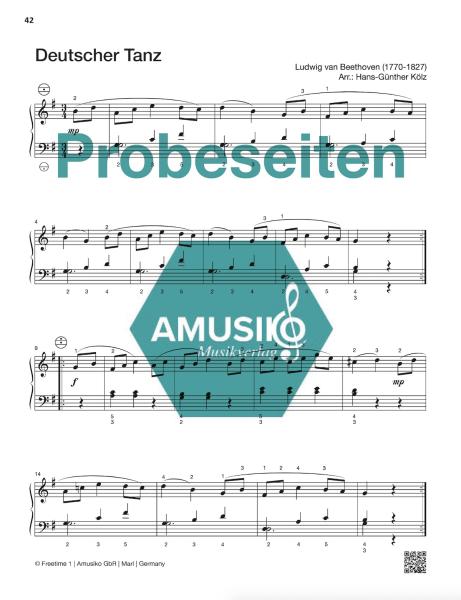 Freetime 1, Hans-Günther Kölz, Spielheft für Akkordeon-Solo mit Melodiebass (MIII), C-Griff, Umsteiger, leicht-mittelschwer, linke Hand, Fingersätze, QR-Codes, Videos mit Matthias Matzke, Soloband, Akkordeon Noten