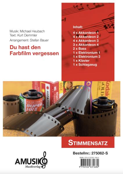 Du hast den Farbfilm vergessen, Michael Heumann, Kurt Demmler, Stefan Bauer, Akkordeon-Orchester, Nina Hagen, Automobil, Megahit, Schlager, leicht-mittelschwer, Akkordeon Noten, Deckblatt Stimmensatz