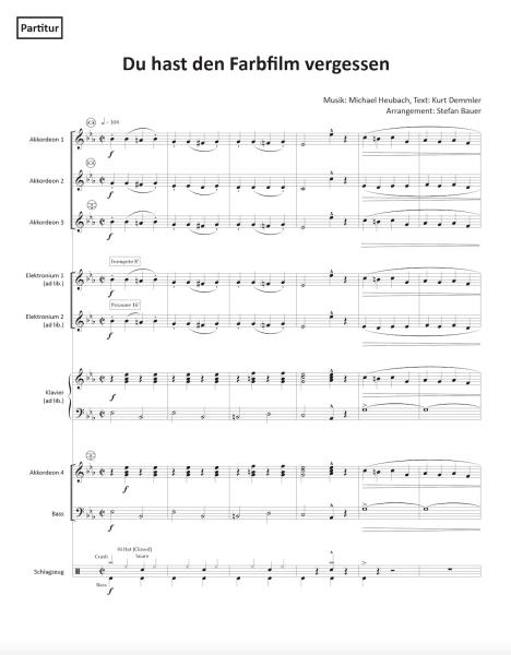 Du hast den Farbfilm vergessen, Michael Heumann, Kurt Demmler, Stefan Bauer, Akkordeon-Orchester, Nina Hagen, Automobil, Megahit, Schlager, leicht-mittelschwer, Akkordeon Noten, Probeseite