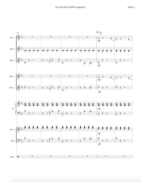 Du hast den Farbfilm vergessen, Michael Heumann, Kurt Demmler, Stefan Bauer, Akkordeon-Orchester, Nina Hagen, Automobil, Megahit, Schlager, leicht-mittelschwer, Akkordeon Noten, Einblick in die Partitur