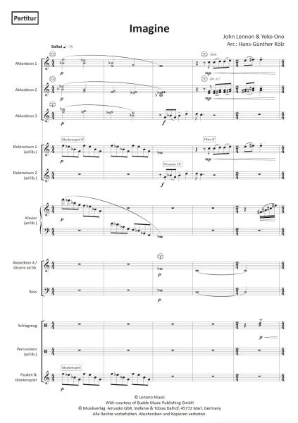Imagine, John Lennon, Yoko Ono, Hans-Günther Kölz, Akkordeon-Orchester, Gänsehautmusik, Protestsong, Hoffnung, Frieden, Friedensbewegung, mittelschwer, Akkordeon Noten, Megahit, Probeseite