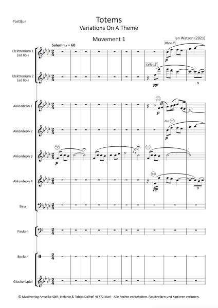 Totems, Ian Watson, Akkordeon-Orchester, Auftragskomposition, Oberstufe, schwer, Wertungsstück, Wettbewerbsliteratur, Originalkompostion, Originalmusik, Akkordeon Noten, Probeseite
