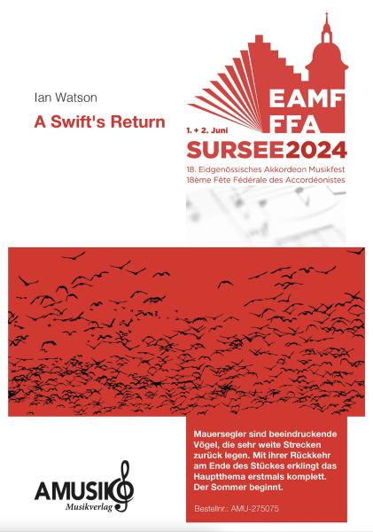 A Swift's Return, Ian Watson, Akkordeon-Orchester, Originalkomposition, Wertungsstück, Wettbewerbsliteratur, 18. Eidgenössische Akkordeon Musikfest, Mittelstufe, mittelschwer, Originalmusik, Akkordeon Noten, Cover