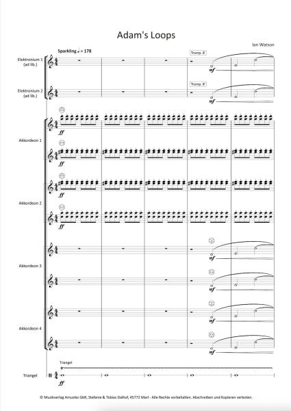 Adam's Loops, Ian Watson, Akkordeon-Orchester, Auftragskomposition, inspiriert durch John Adams, 18. Eidgenössische Akkordeon Musikfest, Höchststufe, schwer, Wertungsstück, Wettbewerbsliteratur, Originalkompostion, Originalmusik, Akkordeon Noten, Probesei