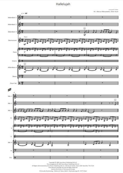 Hallelujah, Leonard Cohen, Marcus Matuszewski, Oliver Kruck, Akkordeon-Orchester, ​Konzerthighlight, Ohrwurm, Gänsehautnummer, Kirchenkonzert, Filmmusik, Soundtrack, mittelschwer, Akkordeon Noten, Megahit, Beispielseite