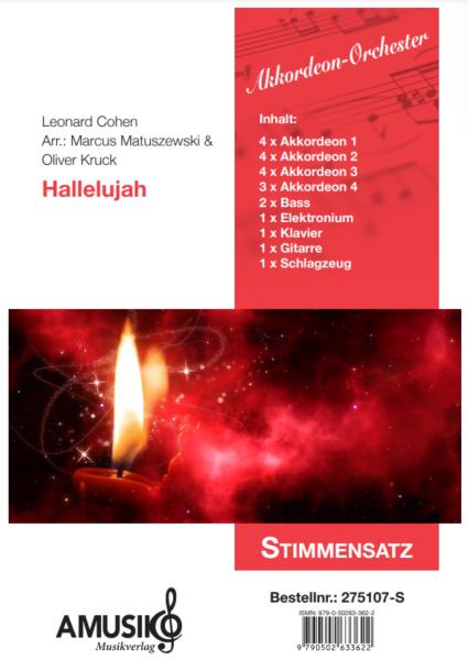 Hallelujah, Leonard Cohen, Marcus Matuszewski, Oliver Kruck, Akkordeon-Orchester, ​Konzerthighlight, Ohrwurm, Gänsehautnummer, Kirchenkonzert, Filmmusik, Soundtrack, mittelschwer, Akkordeon Noten, Megahit, Stimmensatzdeckblatt