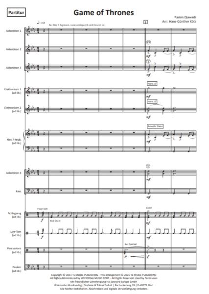 Game of Thrones, Ramin Djawadi, Hans-Günther Kölz, Einzelausgabe, Akkordeon-Orchester, Filmmusik, Soundtrack, Fantasyserie, mittelschwer, Akkordeon Noten, Probeseite