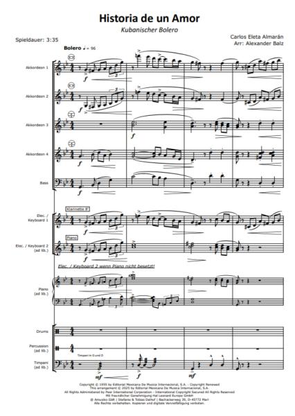Historia de un Amor, Carlos Eleta Almarán, Alexander Balz, Akkordeon-Orchester, Bolero, Kuba, verlorene Liebe, flexible Besetzung, mittelschwer, Akkordeon Noten, Notenbeispiel