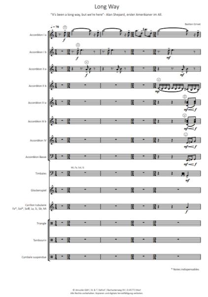 Long Way, Bastien Grivet, Akkordeon-Orchester, World Music Festival Innsbruck, WMF, Oberstufe, schwer, Wertungsstück, Wettbewerbsliteratur, Orchesternoten, Musiknoten, Originalkomposition, Originalmusik, Akkordeon Noten, Probeseite