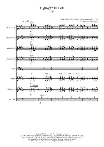 Highway to Hell, AC/DC, Oliver Kruck, ​Akkordeon-Orchester, Rock, ideal für's Unterhaltungsprogramm, leicht-mittelschwer, Akkordeon Noten. Notenbeispiel
