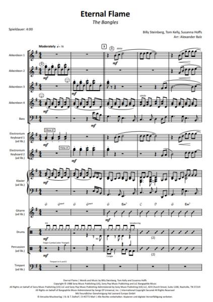 Eternal Flame, The Bangles, Billy Steinberg, Tom Kelly, Susanna Hoffs, Alexander Balz, Akkordeonorchester, Pop-Ballade, Welthits, Megahits, mittelschwer, Akkordeon Noten, Blick in die Noten