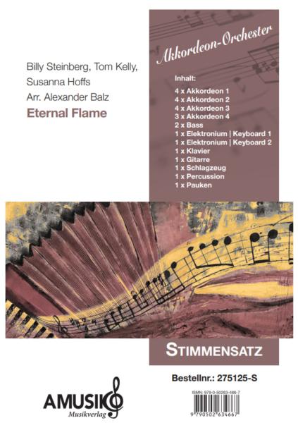 Eternal Flame, The Bangles, Billy Steinberg, Tom Kelly, Susanna Hoffs, Alexander Balz, Akkordeonorchester, Pop-Ballade, Welthits, Megahits, mittelschwer, Akkordeon Noten, Stimmensatzdeckblatt