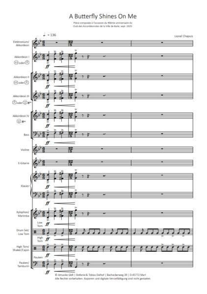 A Butterfly Shines On Me, Lionel Chapuis, Akkordeon-Orchester, Irish Folk, Rock, Hommage, mittelschwer-schwer, Originalkomposition, Originalmusik, Akkordeon Noten, Beispielseite