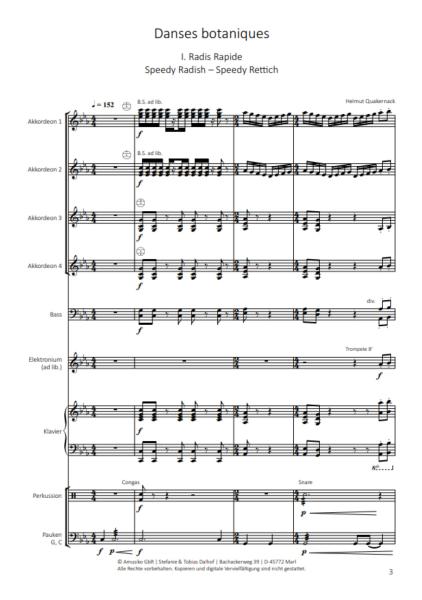 Danses botaniques, Helmut Quakernack, Akkordeon-Orchester, Suite in fünf Sätzen, Konzertsuite, schwer, Akkordeon Noten, Ansichtsseite