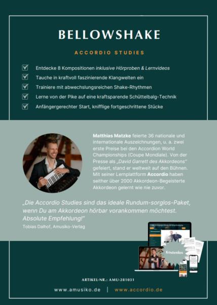 BellowShake, Matthias Matzke, Spielheft für Akkordeon-Solo, ​​​​​​​viele spieltechnische Hinweise, mit Online-Material, Schüttelbalg-Technik, Balgarbeit, 8 Kompositionen, leicht-schwer, für Anfänger und Fortgeschrittene, Akkordeon Noten, Cover Rückseite