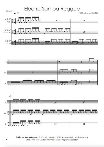 Electro Samba Reggae, Prof. José J. Cortijo, Cajón-Ensemble, Cajón-Trio, mittelschwer, Originalkomposition, Cajón Noten, Notenbeispiel
