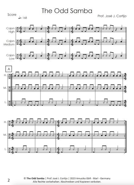 The Odd Samba, Prof. José J. Cortijo, Cajón-Ensemble, Cajón-Trio, mittelschwer, Originalkomposition, Cajón Noten, Notenbeispiel