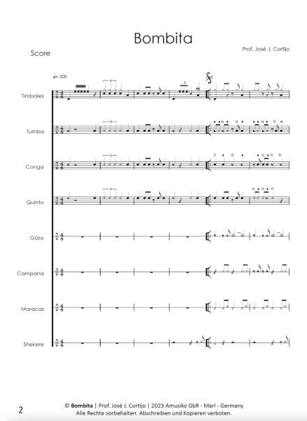 Bombita, Prof. José J Cortijo, Percussion-Ensemble, 8 Spieler, Quinto, Conga, Tumba, Timbales, Güiro, Campana (Hand Cowbell), Shekere, Maracas, Puerto Rico, Latin, mittelschwer, Originalkomposition, Noten für Schlagwerk, Probeseite