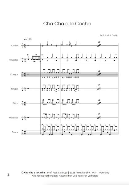 Cha-Cha a la Cacha, Prof. José J Cortijo, Percussion-Ensemble, 7 Spieler, Claves, Timbales, Conga, Bongos, Güiro, Maracas, Drum Set, Cuba, Latin, mittelschwer, Originalkomposition, Noten für Schlagwerk, Beispielseite
