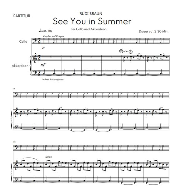 See You in Summer, Rudi Braun, Cello & Akkordeon, Duo, Duett, Standardbass MII, mittelschwer, Kammermusikkomposition, rhythmisches Stück, Originalkomposition, Akkordeon Noten, Notenbeispiel