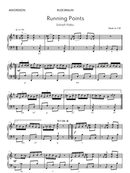 Running Points, Rudi Braun, Akkordeon-Solo, Standardbass MII, ​Einzelausgabe, virtuose Polka, flinke Finger, mittelschwer-schwer, mit Online-Audio, Akkordeon Noten, Probeseite