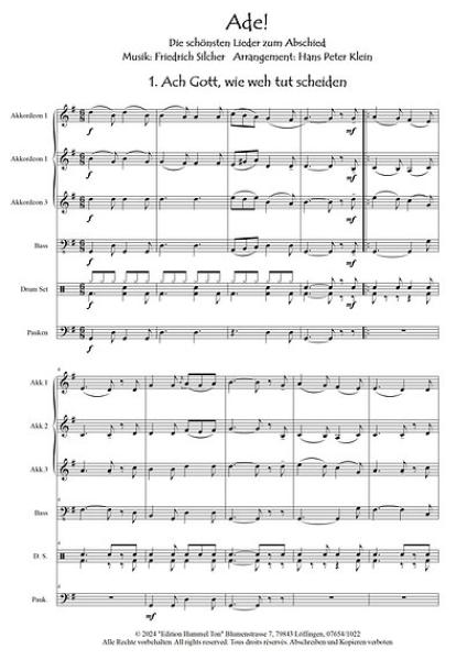 Ade! Die schönsten Lieder zum Abschied, Friedrich Silcher, ​Hans Peter Klein, Akkordeon-Quartett, zu viert musizieren, Abschiedslieder, Trennungslieder, leicht-mittelschwer, Akkordeon Noten, Notenbeispiel