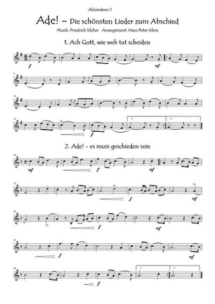 Ade! Die schönsten Lieder zum Abschied, Friedrich Silcher, ​Hans Peter Klein, Akkordeon-Quartett, zu viert musizieren, Abschiedslieder, Trennungslieder, leicht-mittelschwer, Akkordeon Noten, Probeseite