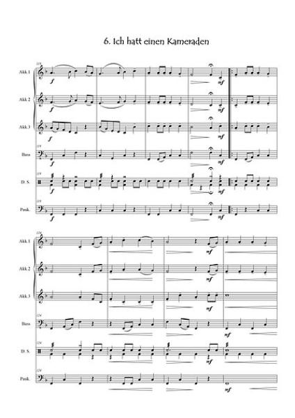Ade! Die schönsten Lieder zum Abschied, Friedrich Silcher, ​Hans Peter Klein, Akkordeon-Quartett, zu viert musizieren, Abschiedslieder, Trennungslieder, leicht-mittelschwer, Akkordeon Noten, Beispielseite